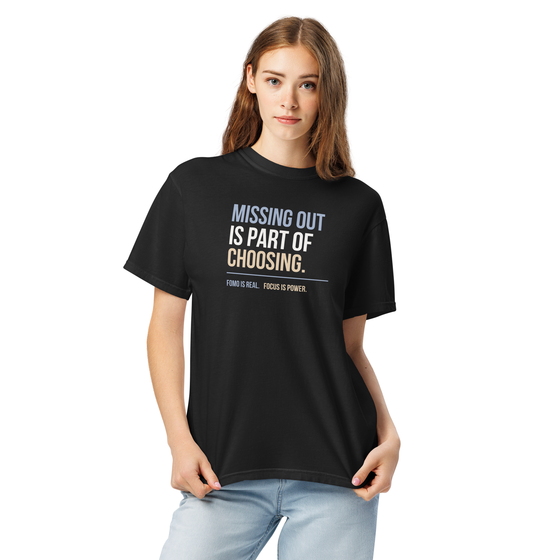 Missing Out Is Part of Choosing unisex heavyweight t-shirt in black, close-up front view