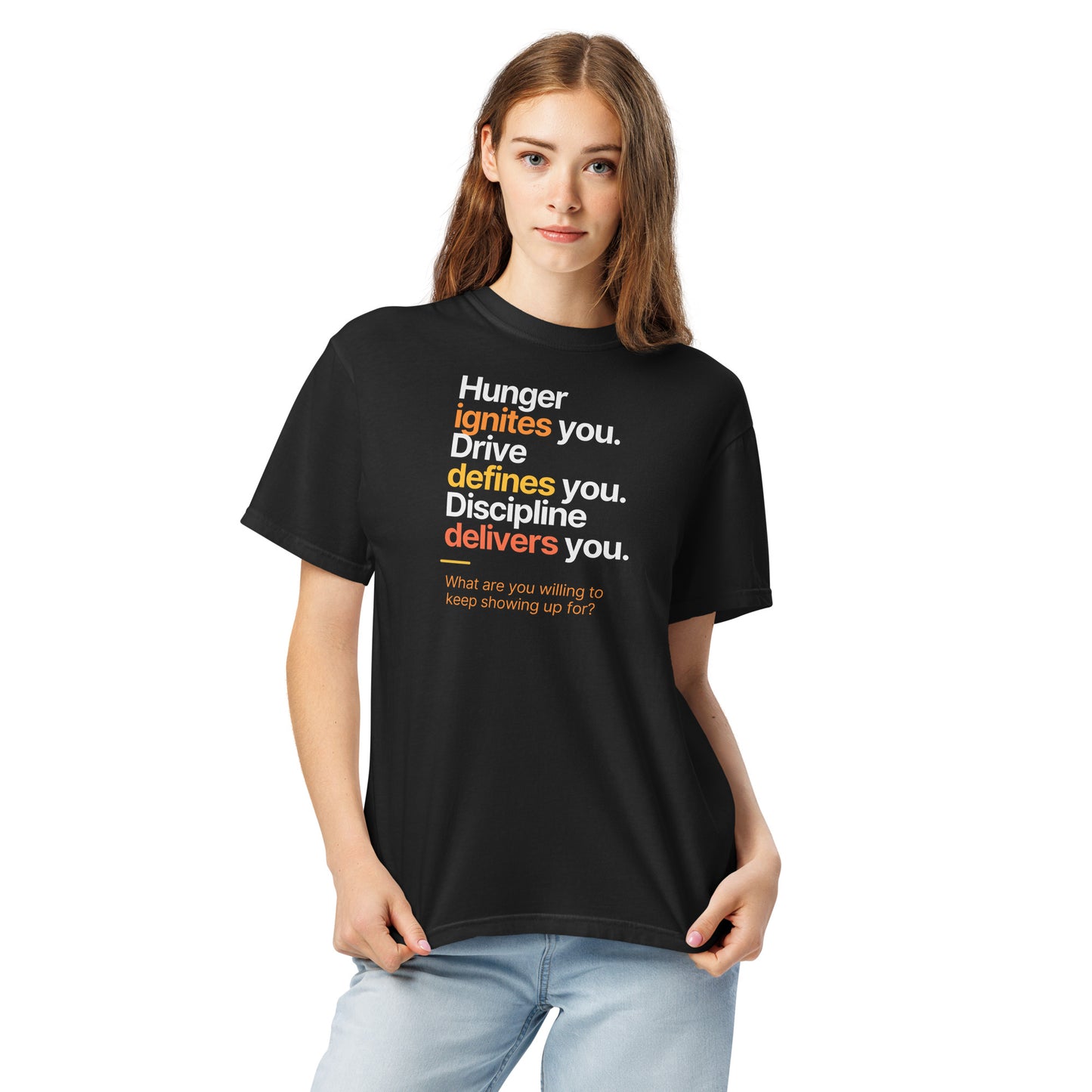 Hunger, Drive & Discipline unisex heavyweight t-shirt in black, close-up front view