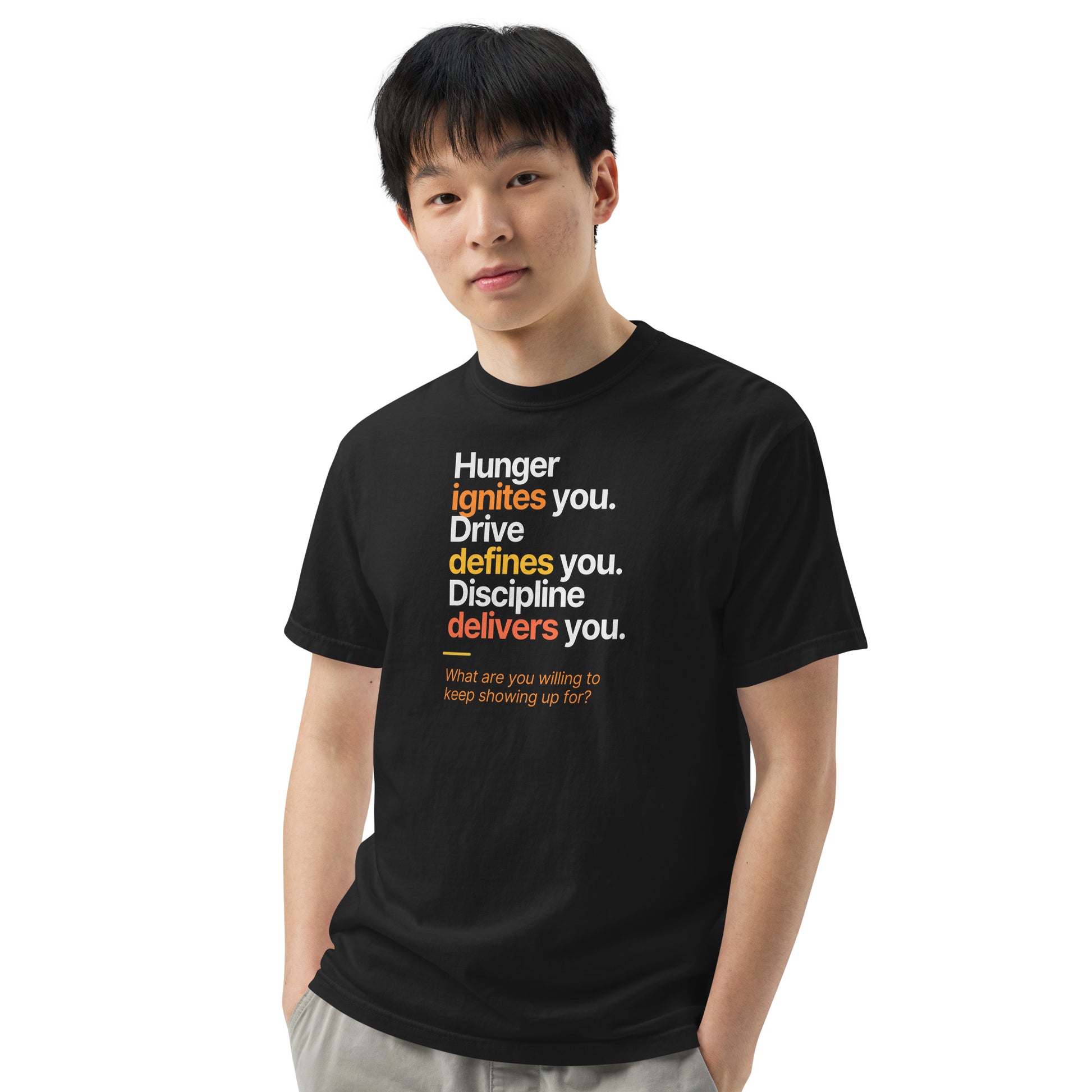 Hunger, Drive & Discipline unisex heavyweight t-shirt in black, angled front view