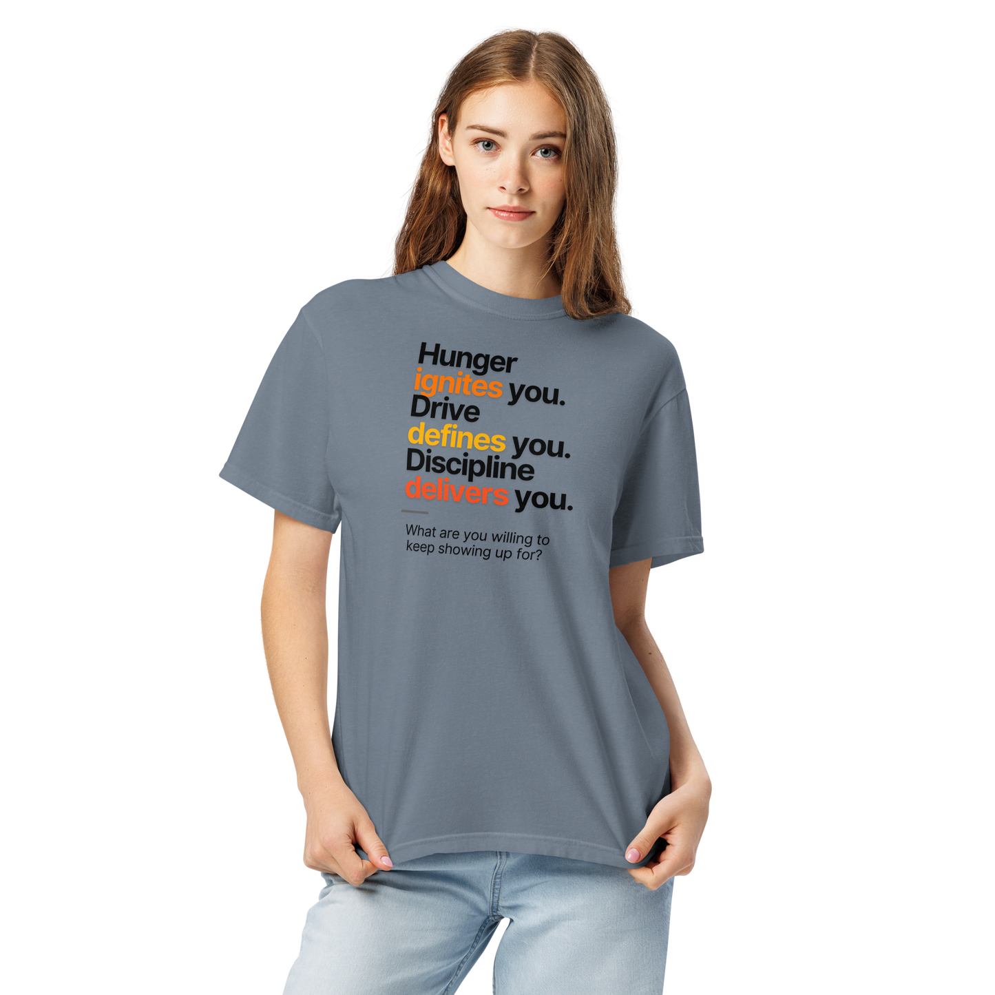 Hunger, Drive & Discipline unisex heavyweight t-shirt in blue jean, close-up front view