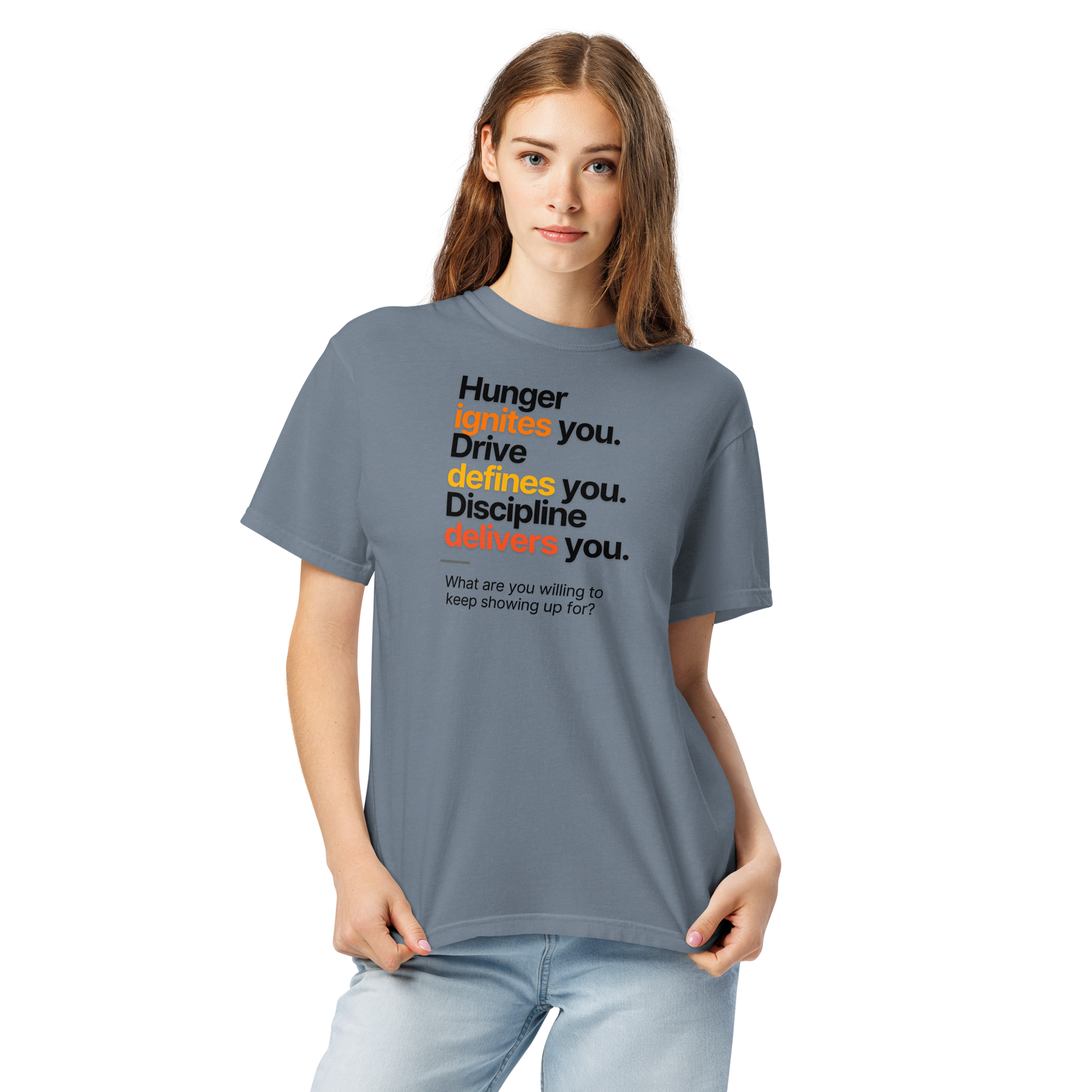 Hunger, Drive & Discipline unisex heavyweight t-shirt in blue jean, close-up front view