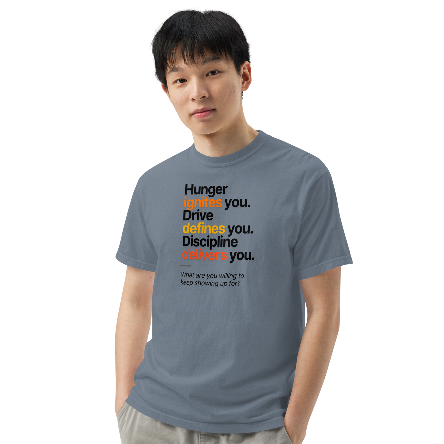 Hunger, Drive & Discipline unisex heavyweight t-shirt in blue jean, angled front view