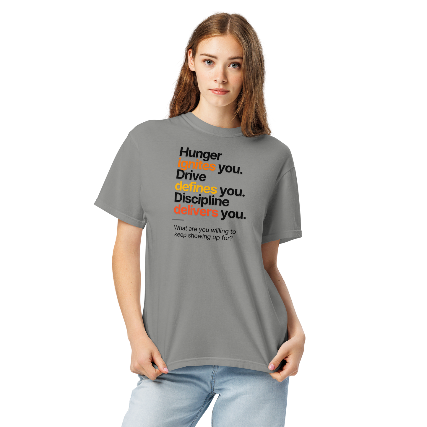 Hunger, Drive & Discipline unisex heavyweight t-shirt in grey, close-up front view