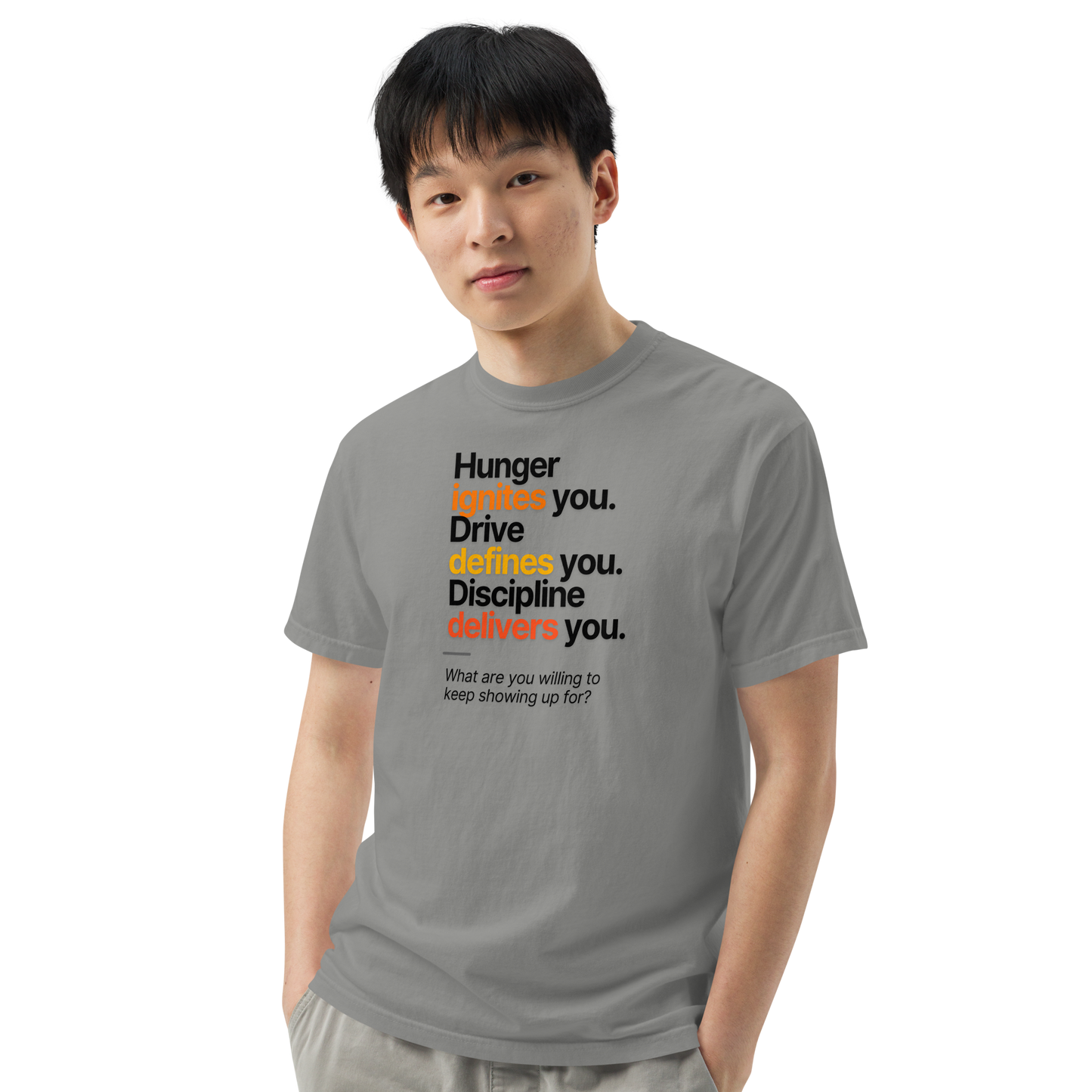 Hunger, Drive & Discipline unisex heavyweight t-shirt in grey, angled front view