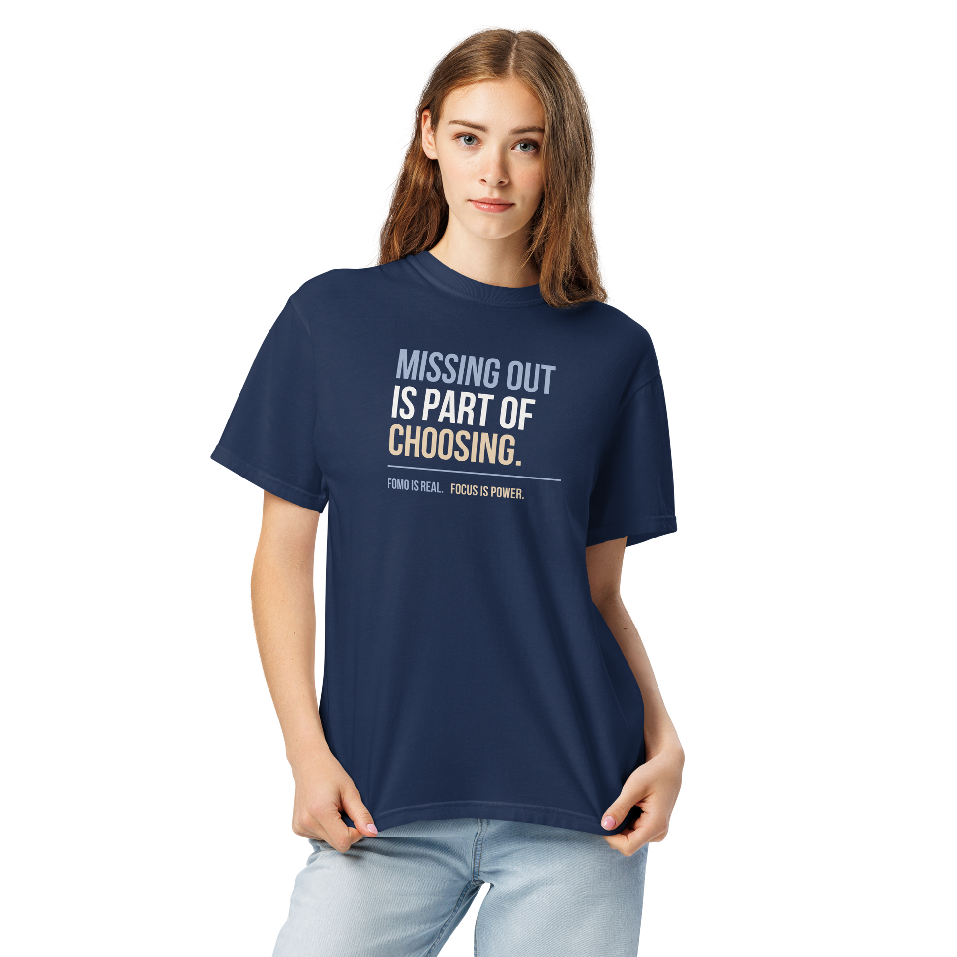Missing Out Is Part of Choosing unisex heavyweight t-shirt in true navy, close-up front view