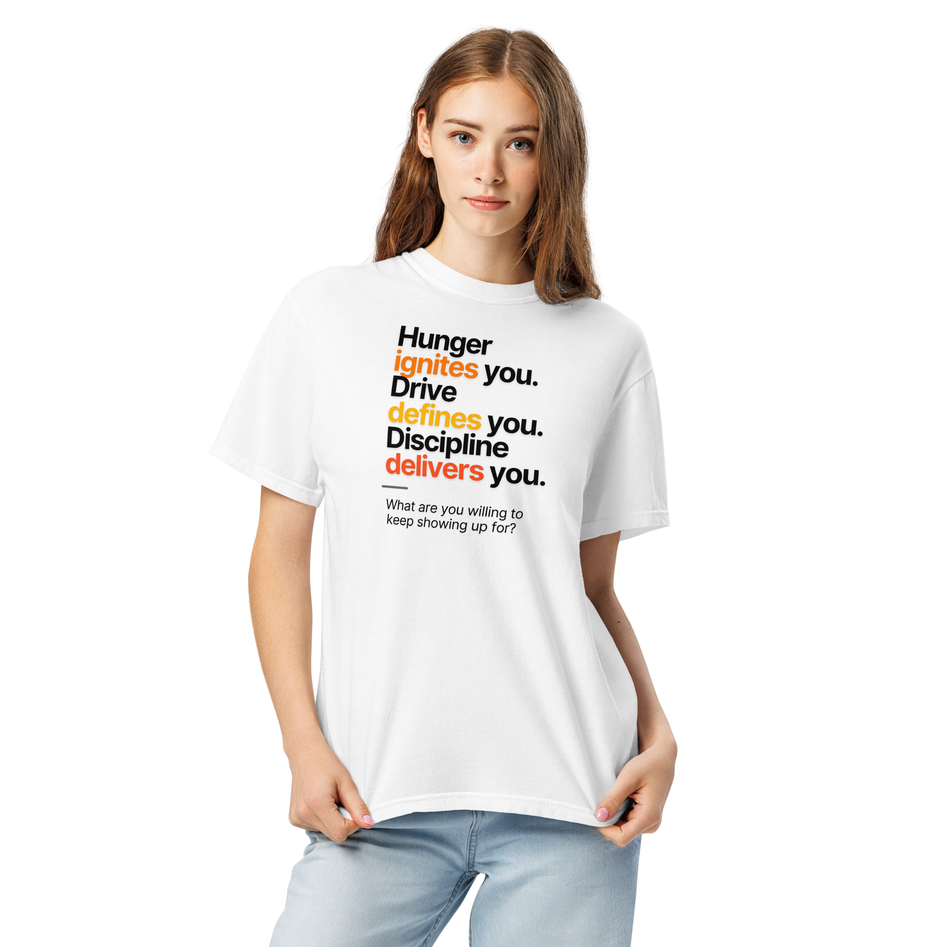 Hunger, Drive & Discipline unisex heavyweight t-shirt in white, close-up front view