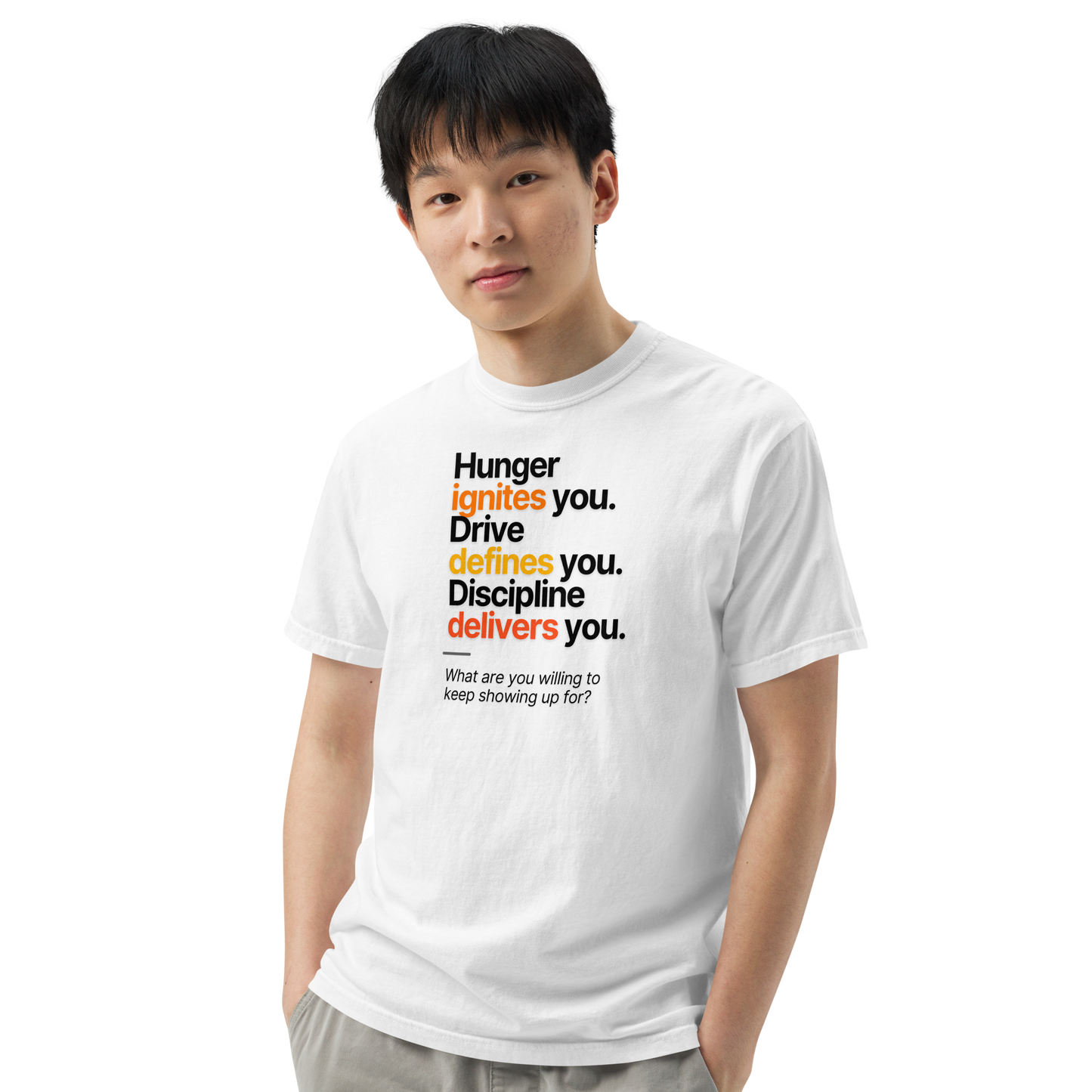 Hunger, Drive & Discipline unisex heavyweight t-shirt in white, angled front view