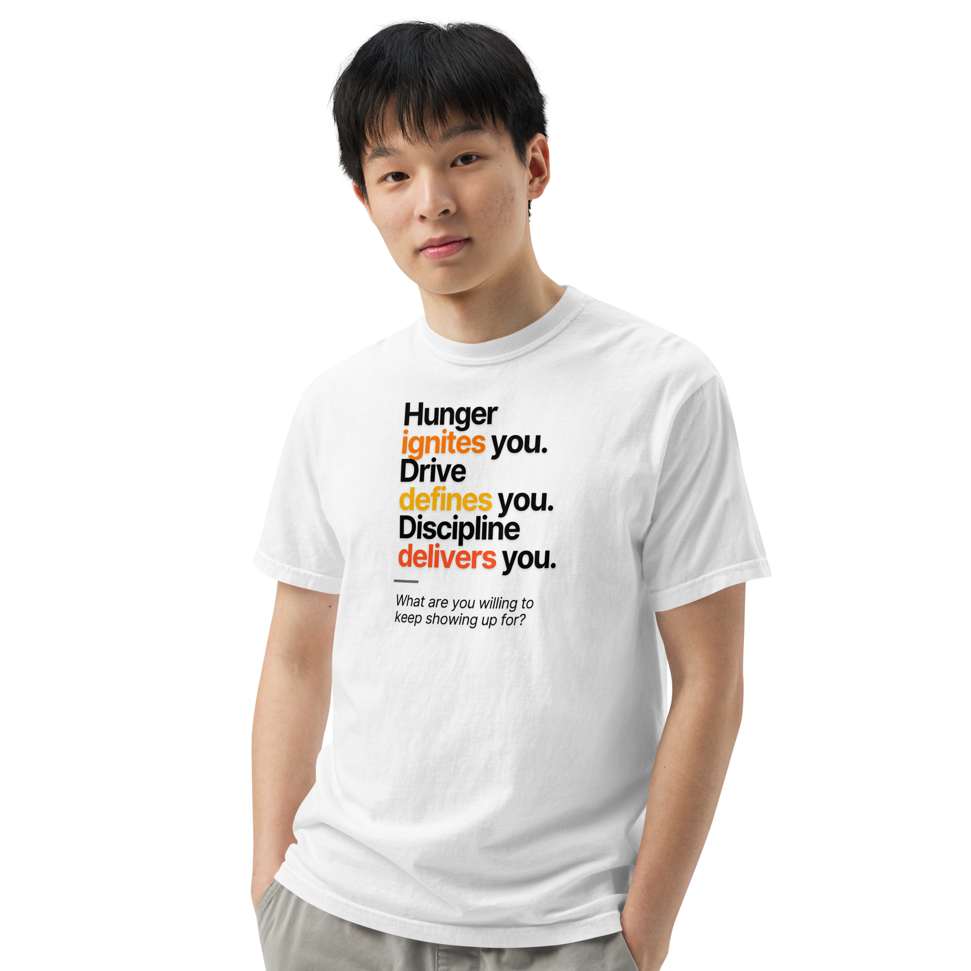 Hunger, Drive & Discipline unisex heavyweight t-shirt in white, angled front view